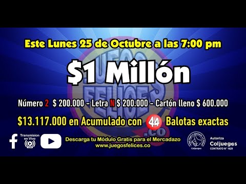 Bingo $1 Millón Lunes 25 de Octubre (Sorteo 3 Juegos Felices)